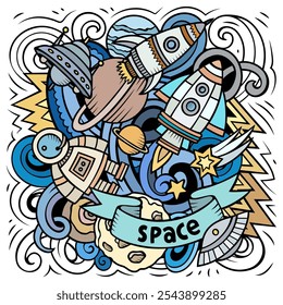 Space cartoon vector illustration. Chalkboard detailed composition with lot of Cosmos objects and symbols. All items are separate