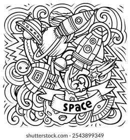 Space cartoon vector illustration. Chalkboard detailed composition with lot of Cosmos objects and symbols. All items are separate
