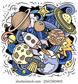 Space cartoon vector illustration. Chalkboard detailed composition with lot of Cosmos objects and symbols. All items are separate