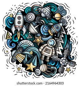Space cartoon vector illustration. Colorful detailed composition with lot of Cosmos objects and symbols. All items are separate