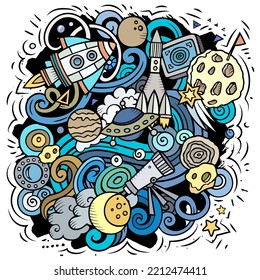 Space cartoon vector illustration. Colorful detailed composition with lot of Cosmos objects and symbols. All items are separate