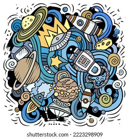 Ilustración vectorial de dibujos animados espaciales. Colorida composición detallada con muchos objetos y símbolos Cosmos. Todos los elementos están separados