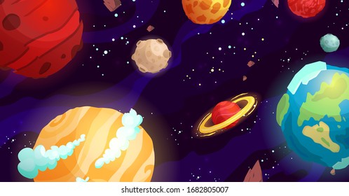 Space cartoon vector illustration with different planets. Galaxy, cosmos, universe element for computer game, book for kids. 