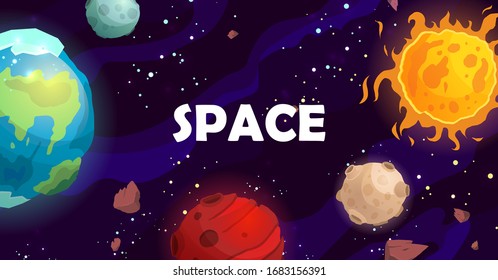 Space cartoon vector illustration with different planets. Galaxy, cosmos, universe element for computer game, book for kids. 