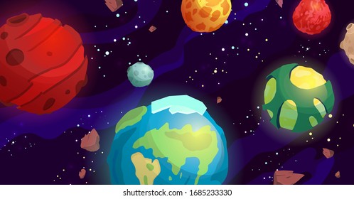 Dibujo vectorial espacial con diferentes planetas. Galaxy, cosmos, elemento del universo para juegos de ordenador, libro para niños. 
