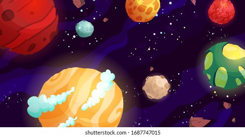 Space cartoon vector illustration with different planets. Galaxy, cosmos, universe element for computer game, book for kids. 