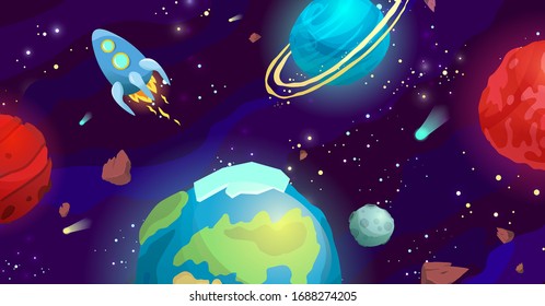 Space Cartoon Vector Illustration With Different Planets And Rocket. Galaxy, Cosmos, Universe Element For Computer Game, Web, Book For Kids. 