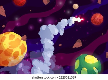 Space cartoon vector illustration with different planets and rocket. Galaxy, cosmos, universe element for computer game, web, book for kids.