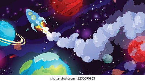 Space cartoon vector illustration with different planets and rocket. Galaxy, cosmos, universe element for computer game, web, book for kids.