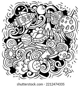 Space cartoon vector illustration. Sketchy detailed composition with lot of Cosmos objects and symbols. All items are separate