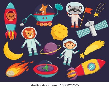 Space cartoon vector illustrations set. Animal astronauts, ufo, planets clipart. Cute animal characters. Cosmic collection. Fantastic galaxy color isolated design elements