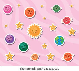 Space cartoons on pink background of futuristic and cosmos theme Vector illustration