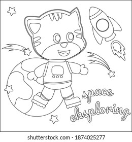 Space cat or astronaut in a space suit with cartoon style. Creative vector Childish design for kids activity colouring book or page.