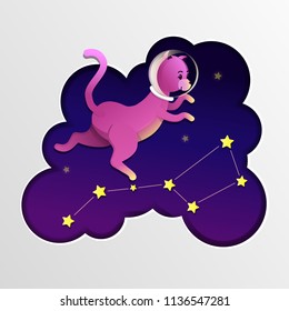 Space cat astronaut walking on the stars. Funny cat, constellation big bear, purple background. Paper cut style. Space cat in universe funny kids print, card, stationary design, curtain, poster prints
