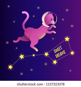 Space cat astronaut walking on the stars. Quote Sweet dreems. Funny cat, constellation big bear. Flat style. Space cat in universe funny kids print, card design, room poster, textile design