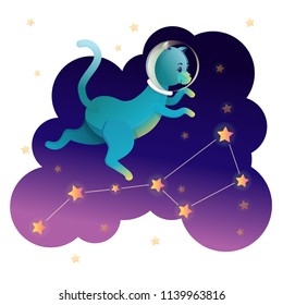 Space cat astronaut walking on the stars. Funny blue cat, constellation big bear, purple background. Flat style. Space cat in universe funny kids print, t-shirt design, card design