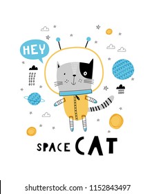Space cat. Card template with cute cat. Hand drawn graphic for typography poster, card, label, brochure, flyer, page, banner, baby wear, nursery. Vector illustration in blue and yellow. 