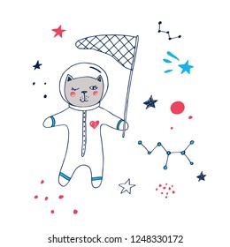 Space cat cat catches a star with a net . Vector illustration for t-shirt, clothes, textile, posters, placards, wall art, denim, stickers, mugs, covers, patterns, phone cases and other use