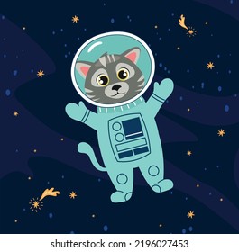 Space cat concept. Cute pet in astronaut costume. Astrology and astronomy, study of galaxies, planets and universe. Travel, trip and adventure. Animal and stars. Cartoon flat vector illustration