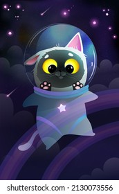 Space cat in cosmos with stars clouds and rainbow. Funny and cute cat astronaut, baby animal for kids in outer space, pet fantasy adventure greeting card. Kitten in cosmos watercolor style vector.