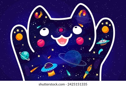 Space cat, cute vector celestial feline silhouette adorned with galaxies, stars, and planets, embodying the cosmic essence within its graceful contours, a whimsical fusion of earth and the Universe