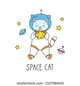 Space cat. Doodle vector illustration of a funny cat astronaut playing with a star in space. Vector 10 EPS.