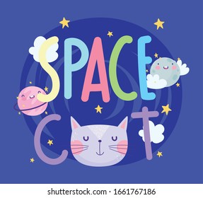 space cat face planets stars clouds cartoon cute vector illustration