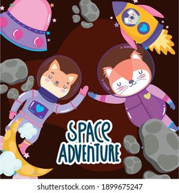 el zorro del gato espacial y la nave espacial koala ufo aventura del cohete explorar ilustración del vector de dibujos animados
