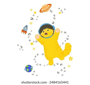 space cat in a helmet among the planets and stars
