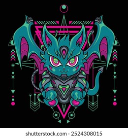 Space Cat Illustration with Sacred Geometry For Poster