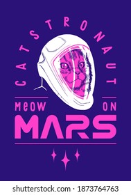 Space cat in the new space suite going to Mars. Catstronaut t-shirt print vector illustration. Meow on Mars.