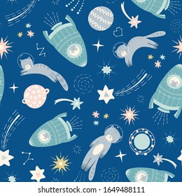 Space cat and spaceship pattern design. Vector seamless solar system repeat.
