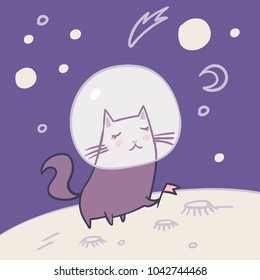 Space cat travel. Standing on planet exploring universe. Cute kids fashion t shirt design. Cartoon illustration.