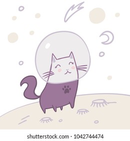 Space cat travel. Standing on planet exploring universe. Cute kids fashion t shirt design. Cartoon illustration.