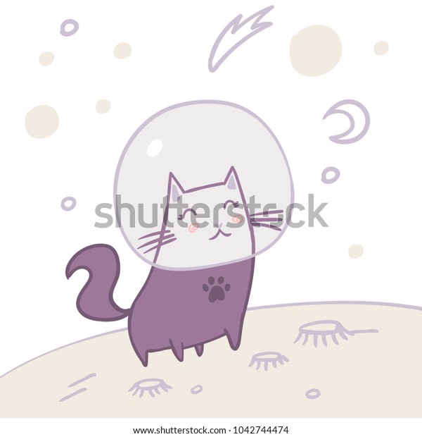 Space cat\
travel. Standing on planet exploring universe. Cute kids fashion t\
shirt design. Cartoon\
illustration.