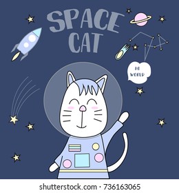 space cat typography for t-shirt print, product, brochure, cover, poster, patch, fabric, hand drawn style. vector illustration