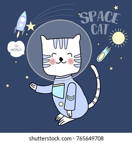 space cat typography for t-shirt print, product, brochure, cover, poster, patch, fabric, hand drawn style. vector illustration