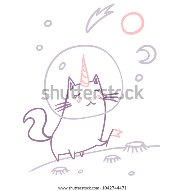 Space\
cat unicorn travel. Standing on planet exploring universe. Cute\
kids fashion t shirt design. Cartoon\
illustration.