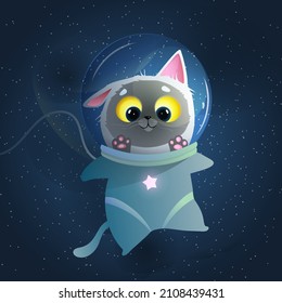 Space Cat In Watercolor Style On Blue Cosmos And Stars Background. Funny And Cute Cat Astronaut, Baby Animal For Kids In Outer Space, Pet Adventure Greeting Card Design. Kitten In Cosmos Vector.