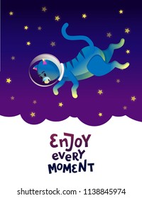 Space cat-boy astronaut walking on the stars. Lettering Enjoy every moment. Purple starry sky background. Flat style. Space cat in universe funny kids print, stationary design, card, poster design