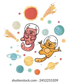 Space with cats astronauts among planets, asteroids and stars. Galaxy and animals in space. Vector image for wallpaper, clothes, pajamas, cards and decoration.