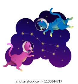 Space cats astronauts walking on the stars. Funny cat, constellation big bear, purple background. Flat style. Space cats in universe funny kids print, t-shirt design, card design