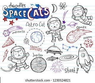 Space Cats, collection of vector doodle hand drawn outlines of cute astronauts-cats, planets, stars, spaceships