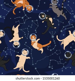 Space cats and constellations seamless pattern.