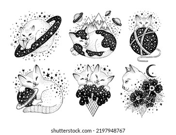 Space cats. Mystic anime art. Gothic witch esoteric tattoo. Black galaxy cat. Halloween and astrology animals. Cute astronaut star drawing. Witchcraft vintage vector. Magic boho with Saturn, mountains