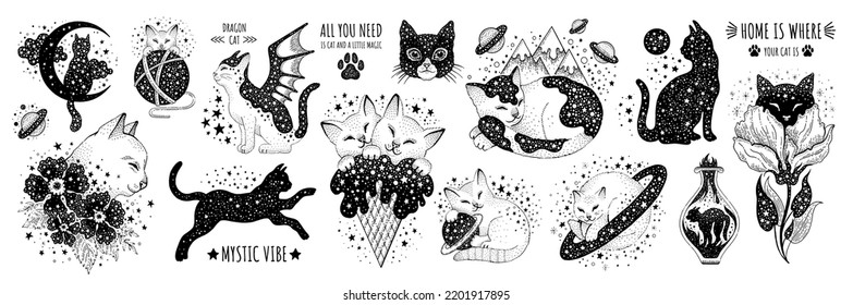 Space cats set. Mystic anime art. Gothic witch esoteric tattoo. Black galaxy cat. Halloween astrology animal. Cute astronaut star tattoo drawing. Witchcraft vintage vector. Magic boho Saturn, mountain