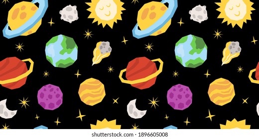 Space celestial seamless pattern, cartoon planet or solar system kids digital paper with sun, moon, comet and stars, nursery seamless background for textile, scrapbooking, wrapping paper, wallpaper