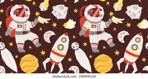 Space celestial seamless pattern, cartoon astronaut, rocket, spaceship, planet and moon kids digital paper, nursery seamless background for textile, scrapbooking, wrapping paper, wallpaper