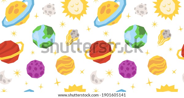 Space celestial seamless pattern, cartoon\
planet or solar system kids digital paper with sun, moon, comet and\
stars, nursery seamless background for textile, scrapbooking,\
wrapping paper,\
wallpaper