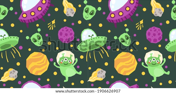 Space\
celestial seamless pattern, cartoon ufo, spaceship, alien, planet\
or solar system kids digital paper, nursery seamless background for\
textile, scrapbooking, wrapping paper,\
wallpaper